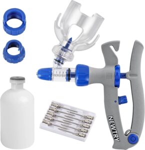 Adjustable livestock syringe gun administering a shot